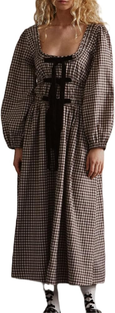 ROAONOCOMO Women Square Neck Maxi Dress Puff Sleeve Bow Tie Long Dress Graphic Flowy A-line Dress... | Amazon (US)