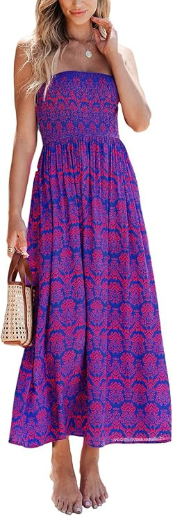 CUPSHE Women's Tube Beach Dress Boho Straight Neck Strapless Smocked Bodice Maxi Casual Summer Dr... | Amazon (US)