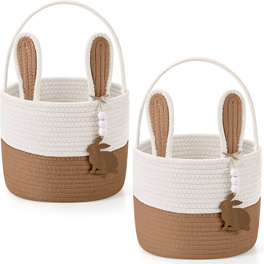 2 Pcs Large Easter Baskets Woven Rope Bunny Basket Unique Easter Basket with Rabbit Wood Name Tag... | Amazon (US)