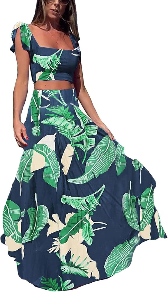 Vakkest Womens Summer Sexy 2 Pieces Outfits Ruffle Floral Tank Top Wrap Boho Tropical Long Skirt ... | Amazon (US)