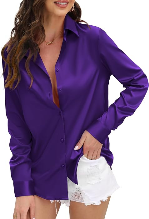 CUNLIN Womens Soft Satin Silk Leopard Button Down Shirts for Women Silky Long Sleeve Work Shirt Dress Blouses Tops | Amazon (US)