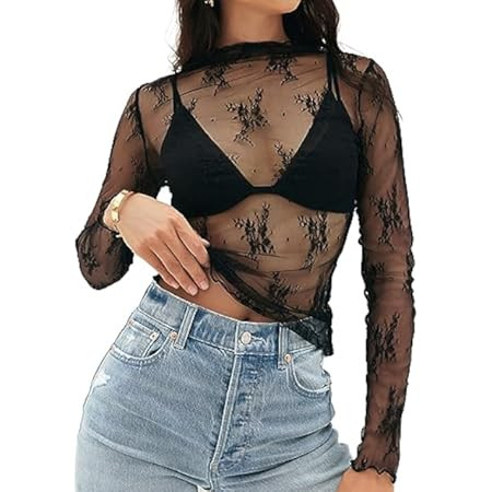 AILBBE Mesh Long Sleeve Layering Top for Women Mock Neck Floral Embroidery Sheer See Through Tee ... | Amazon (US)