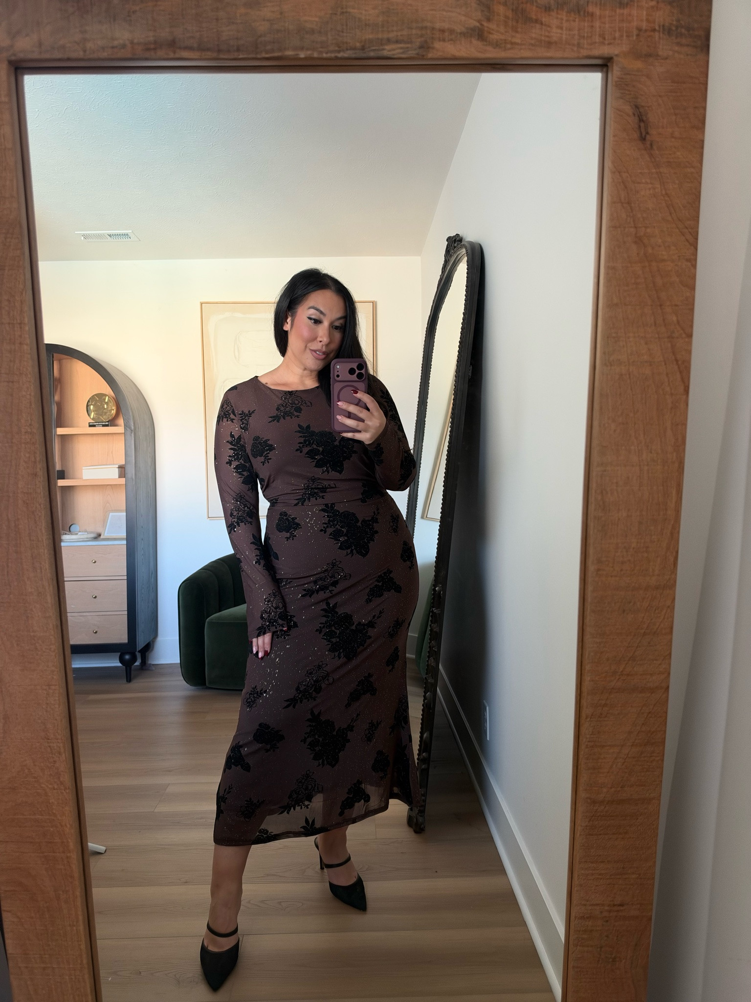 I love the structure of this dress so much. It's stretchy, flattering, and soft belly friendly. Also, who doesn't love a glitter moment?! Loving the velvet burnout detail as well. Wearing an XL. Midsize, midsize fashion, fall fashion, wedding guest dress, amazon 

 #LTKootd #LTKMidsize #LTKWedding