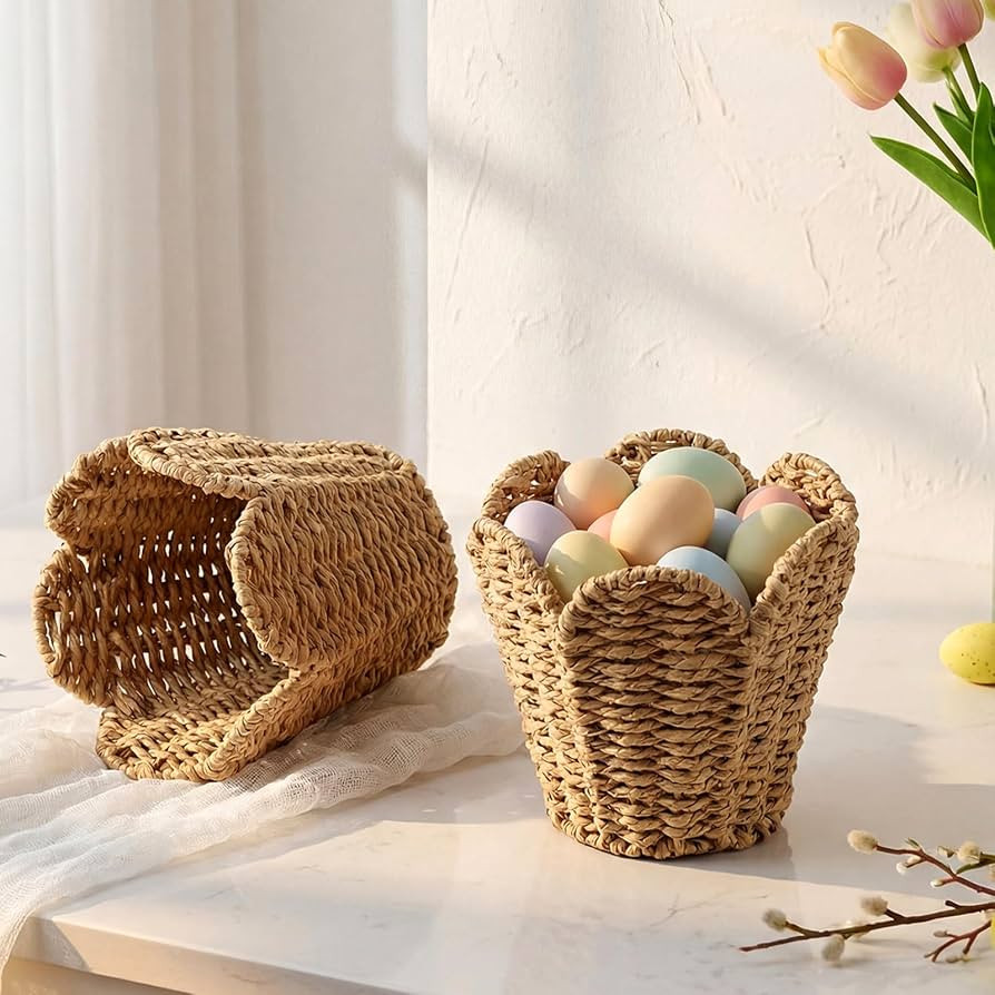 Remerry 2 Pcs Easter Scalloped Edge Basket, Hand Woven Round Wicker Basket for Gifts Empty, Shelf... | Amazon (US)