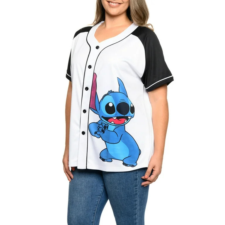 Disney Stitch Baseball Jersey Button Down Shirt White Women's Plus Size | Walmart (US)