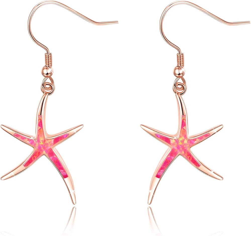 Starfish Earrings, 925 Sterling Silver with Opal Fish Hoops Earings, Nautical Hawaiian Sea Beach ... | Amazon (US)