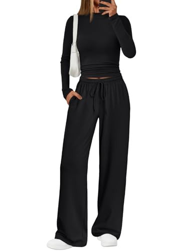 Trendy Queen Womens Lounge 2 Two Piece Sets Fall 2025 Outfits Clothes Fashion Sweatsuits Sweat Suit Tracksuit Travel Airport Trendy Clothing Winter Casual Workout Black M | Amazon (US)