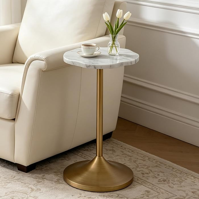 White Marble Drink Table,Small End Table with Metal Pedestal Stand,Antique Gold Cocktail Martini ... | Amazon (US)