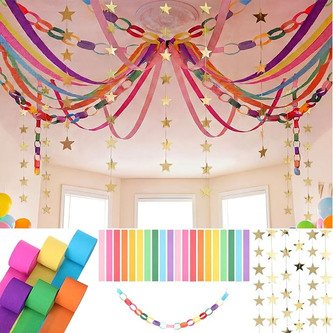 Frienda 300 Sheets Colorful Paper Chains Strips and 492 ft Crepe Paper Streamers, 52.8ft Gold Sta... | Amazon (US)