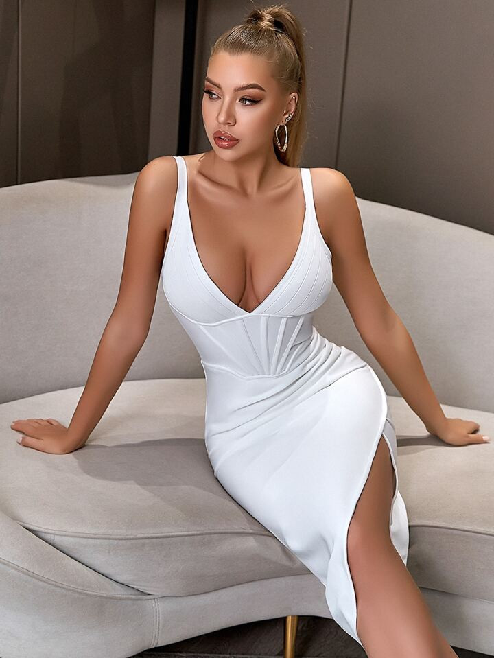 ADYCE V-neck Split Thigh Backless Bodycon Date Night Party Cami Bandage Dress | SHEIN
