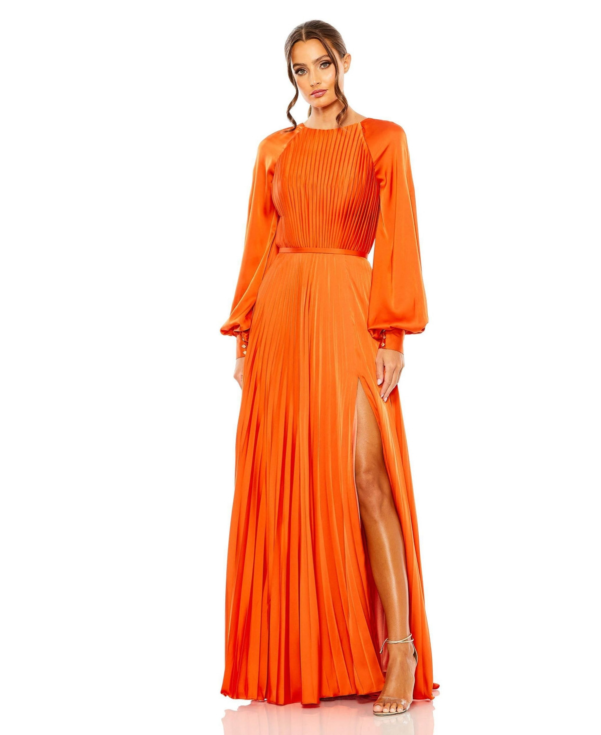 Mac Duggal Women's Ieena Long Sleeve Pleated High Neck Gown - Sunset | Macy's