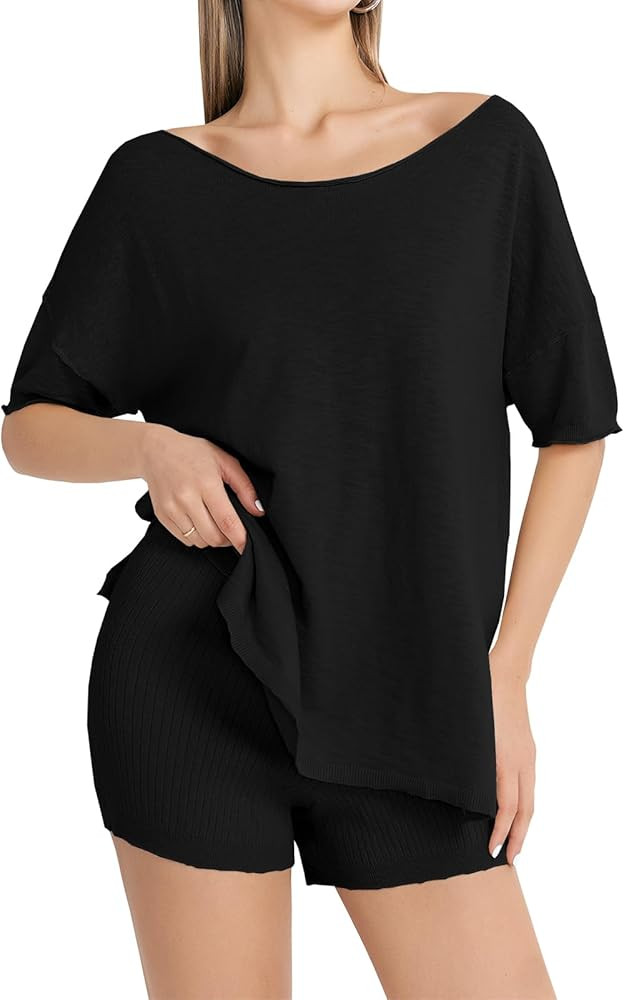Tankaneo Women Pajamas 2 Piece Lounge Sets Knit Matching Outfits Casual Off Shoulder T-Shirts Sum... | Amazon (US)