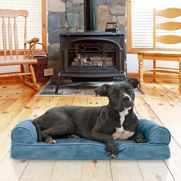 FurHaven Faux Fur Memory Top Bolster Dog Bed with Removable Cover, Harbor Blue, Medium | Chewy.com