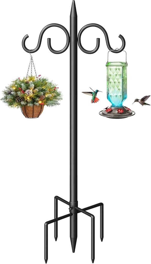 Double Shepherds Hooks for Outdoor, 108 Inch Heavy Duty Bird Feeder Pole with 5 Prongs Base, Adju... | Amazon (US)