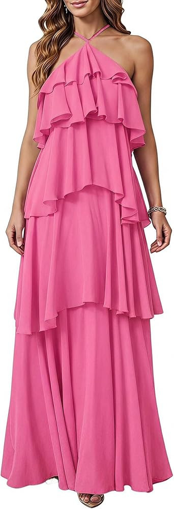 SOLY HUX Women's Wedding Guest Dress Sundresses Ruffle Layered Halter Backless Flowy Formal Maxi ... | Amazon (US)
