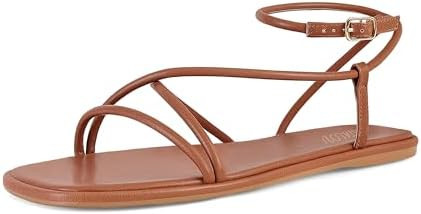 STALOV Strappy Flat Sandals for Women Square Open Toe Leather Ankle Strap Flats Sandals Comfortab... | Amazon (US)