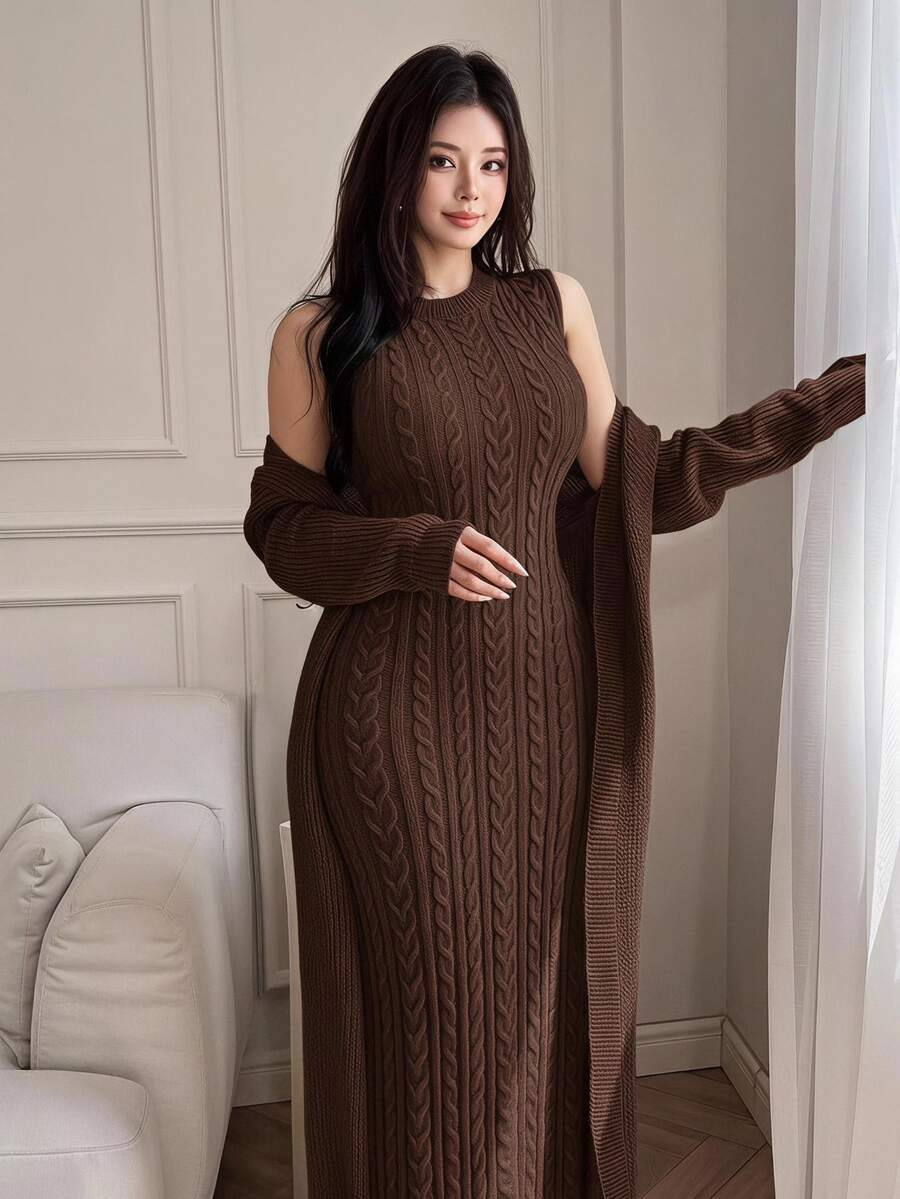 Feyla 2pcs/Set Women Elegant Solid Color Stand Collar Cable Sleeveless Dress And Long Sleeve Cardigan Set 2 Pieces Set In Fall/Winter | SHEIN