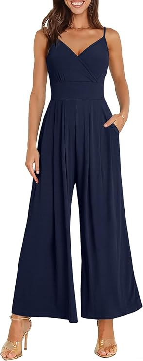 ANRABESS Jumpsuits for Women 2026 Summer Dressy Spaghetti Strap Ribbed V Neck Wide Leg Overalls F... | Amazon (US)