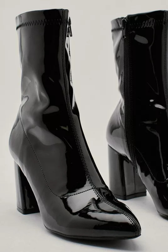 Faux Leather Patent Block Heel Sock Boots | Nasty Gal (US)