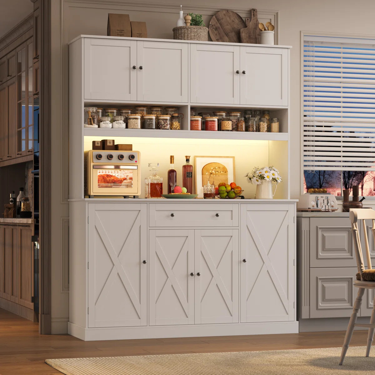 72.8" H X 55.1" W Kitchen Pantry Cabinet With Led Lighting And Built-in Power Outlet, Microwave S... | Wayfair North America