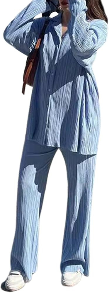 ECHOINE Womens Casual 2 Piece outfits - Long Sleeve Button Blouse Top Wide Leg Loose Streetwear L... | Amazon (US)