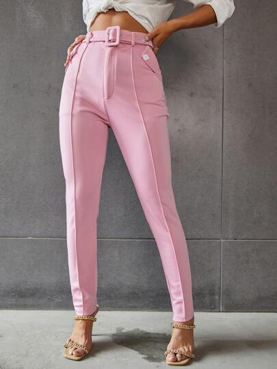 High Waist Seam Detail Belted Skinny Pants | SHEIN