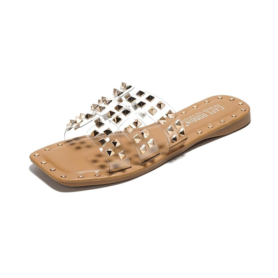 Women's Slide Sandals with Gold Spike Studded Design - Open-Toe Summer Slides for Women, Slip-On ... | Amazon (US)