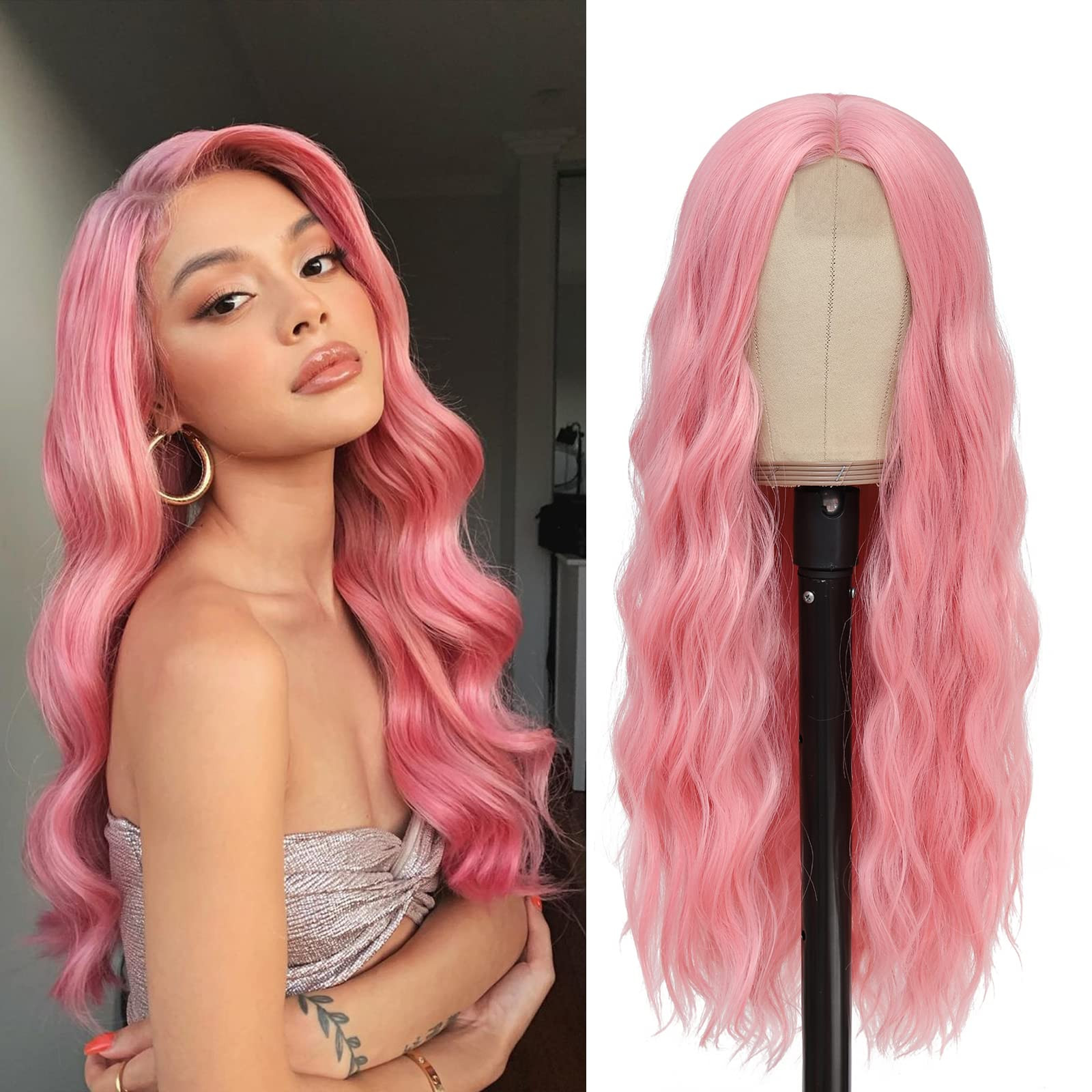 Pink Wig - Long Pink Wavy Wigs for Women Middle Part Pastel Pink 26 inch Natural Curly Synthetic ... | Amazon (US)
