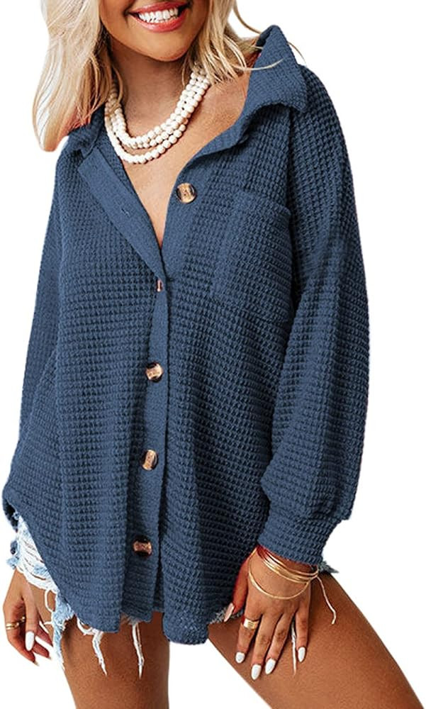 SHEWIN Womens Button Down Shirts Waffle Knit Shacket Jacket Long Sleeve Blouses Tops | Amazon (US)