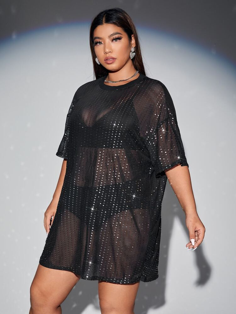 SHEIN Unity Plus Sequin Drop Shoulder Mesh Dress Without Lingerie | SHEIN