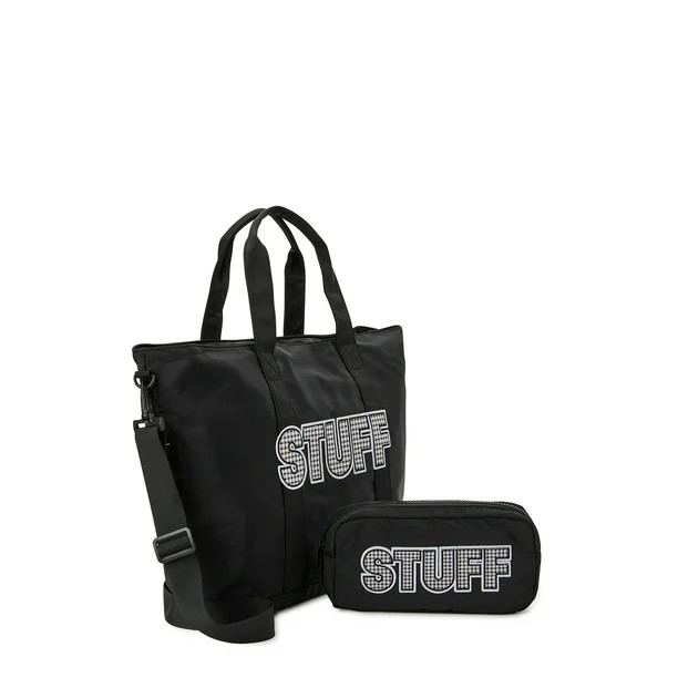 No Boundaries Women's Oversized Tote and Pouch Set, 2-Piece Black Soot - Walmart.com | Walmart (US)