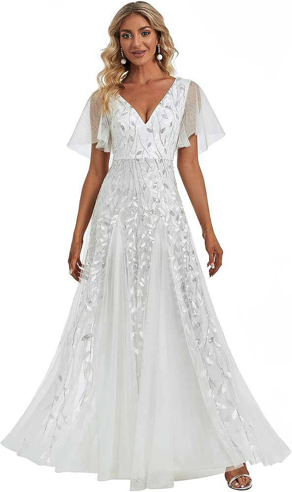 Ever-Pretty Women's Sequin Sparkly V-Neck Short Sleeve Maxi Evening Dress 00734 | Amazon (US)