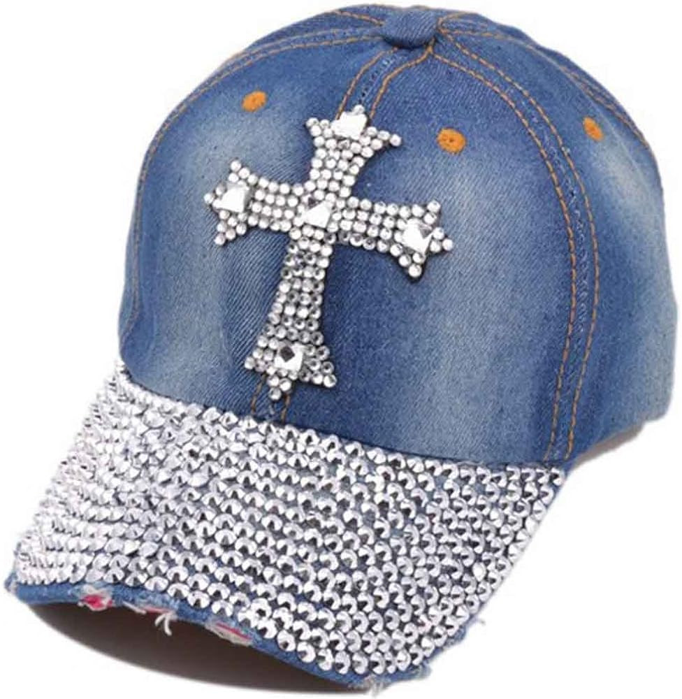 Song Qing Jean Snapback Hat Women Men Bling Cross Rhinestones Denim Baseball Cap | Amazon (US)