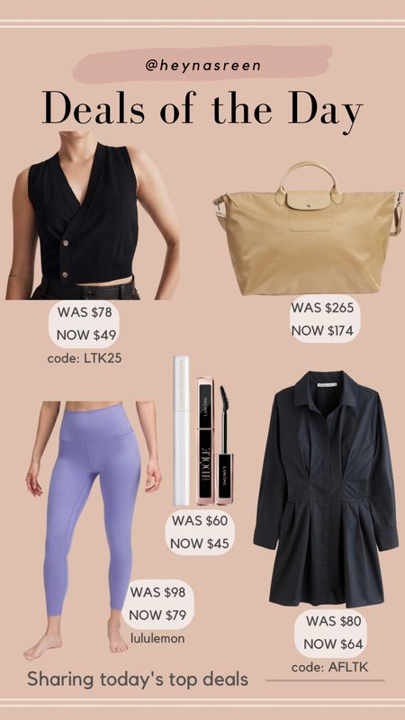 Daily deals on Madewell sweater vest, Longchamp bag, Lancôme primer & mascara duo, Abercrombie dress, lululemon align leggings 

#LTKSale