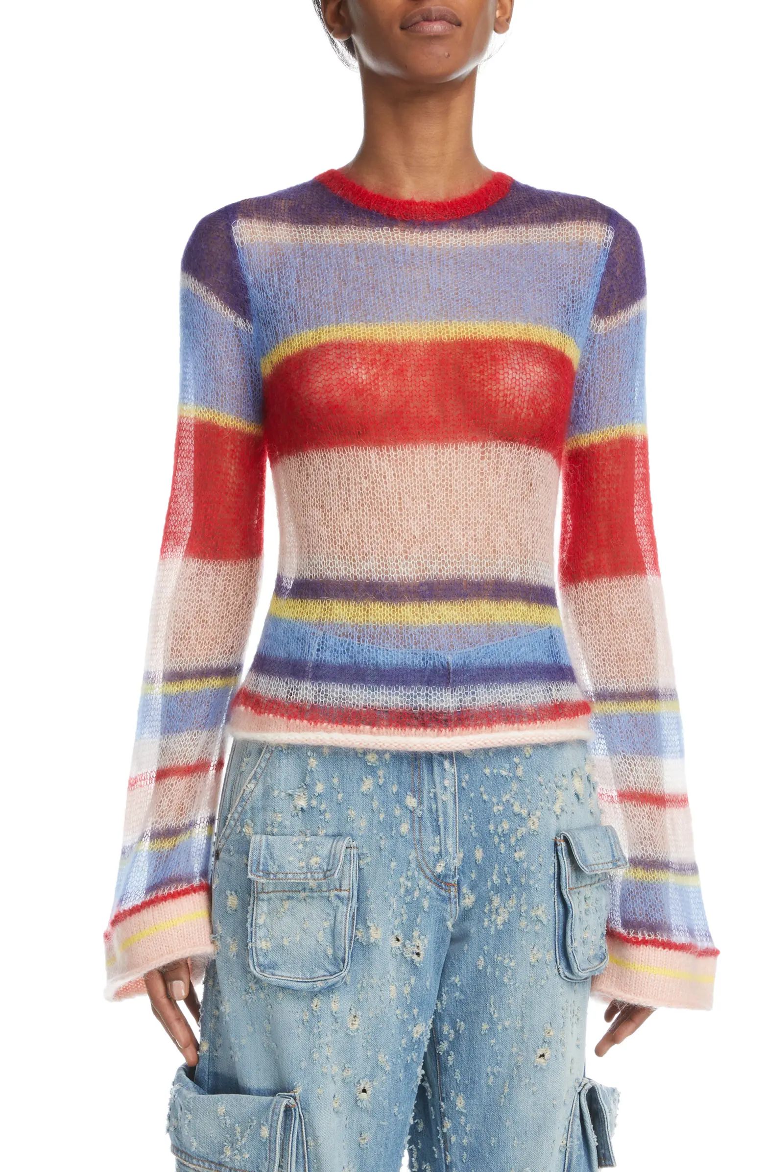 Karis Stripe Open Stitch Crewneck Mohair & Wool Blend Sweater | Nordstrom