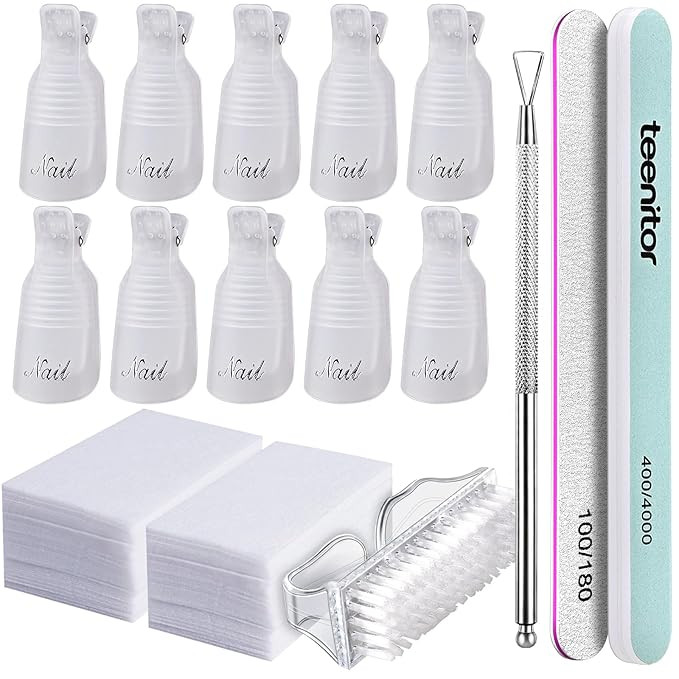 Teenitor gel nail remover kit with10pcs Gel Clip Remover, Brush for Nails, Nail Files 100/180, Bu... | Amazon (US)