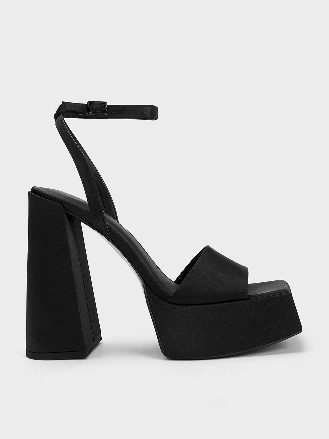 Recycled Polyester Ankle-Strap Platform Sandals
 - Black Textured | Charles & Keith UK