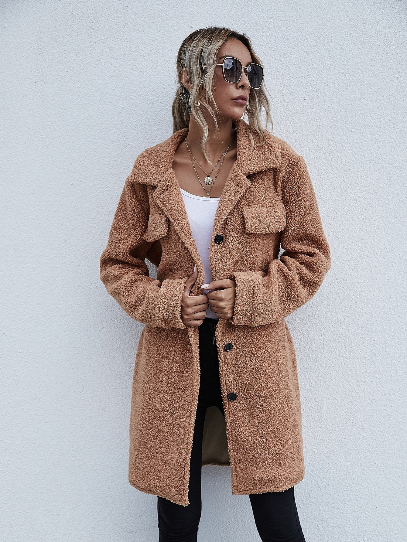 Flap Detail Button Front Belted Teddy Coat | SHEIN