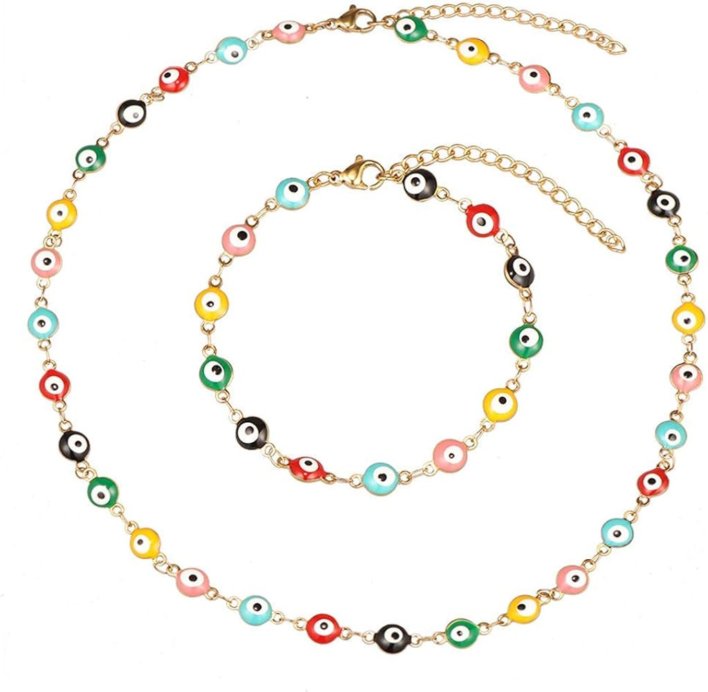 Evil Eye Necklace Bracelet Set for Women Girls,18k Gold Plated Stainless Steel | Amazon (US)