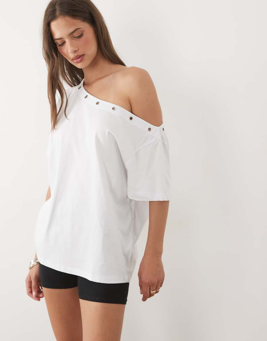 ASOS DESIGN off the shoulder top with grommet detailing in white | ASOS (Global)