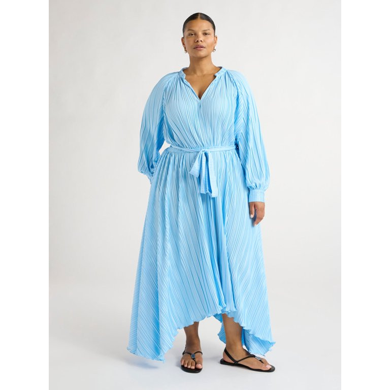 Scoop Women’s and Women's Plus Pleated Handkerchief Hem Dress with Long Sleeves, Sizes XS-4X | Walmart (US)