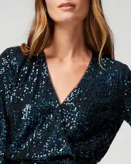 Long Sleeve Sequin Surplice Blouson Dress | White House Black Market