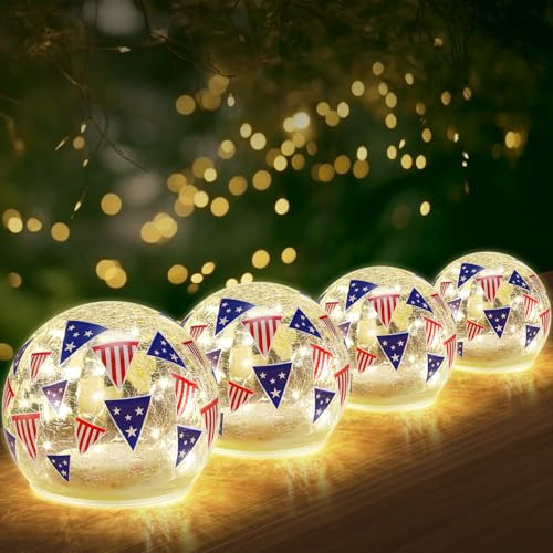 Rossesay 4 Pcs 3.9" 4th of July Crackle Glass Night Lights, Waterproof Battery Operated Flag Globe Ball Lamps, Red Blue Independence Day Patriotic Table Decor for Home, Outdoor, Party, Birthday Gifts | Amazon (US)