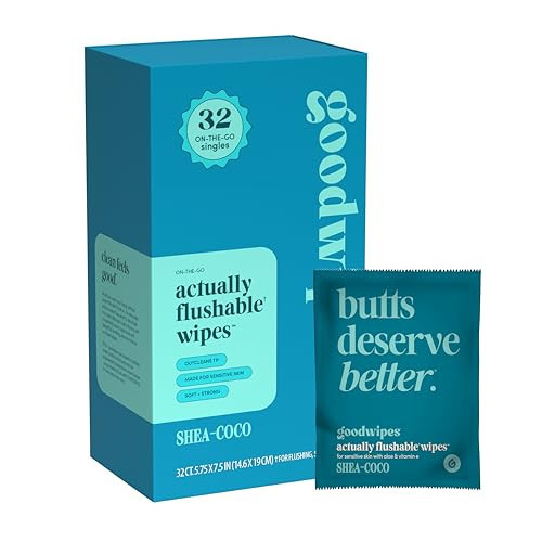 goodwipes Flushable Wipes - Individually Wrapped Butt Wipe for On-the-Go Adults - Portable Mini Wipes - Travel Essentials - Sewer & Septic Safe - Shea-Coco, 32 Count (1 Pack) | Amazon (US)