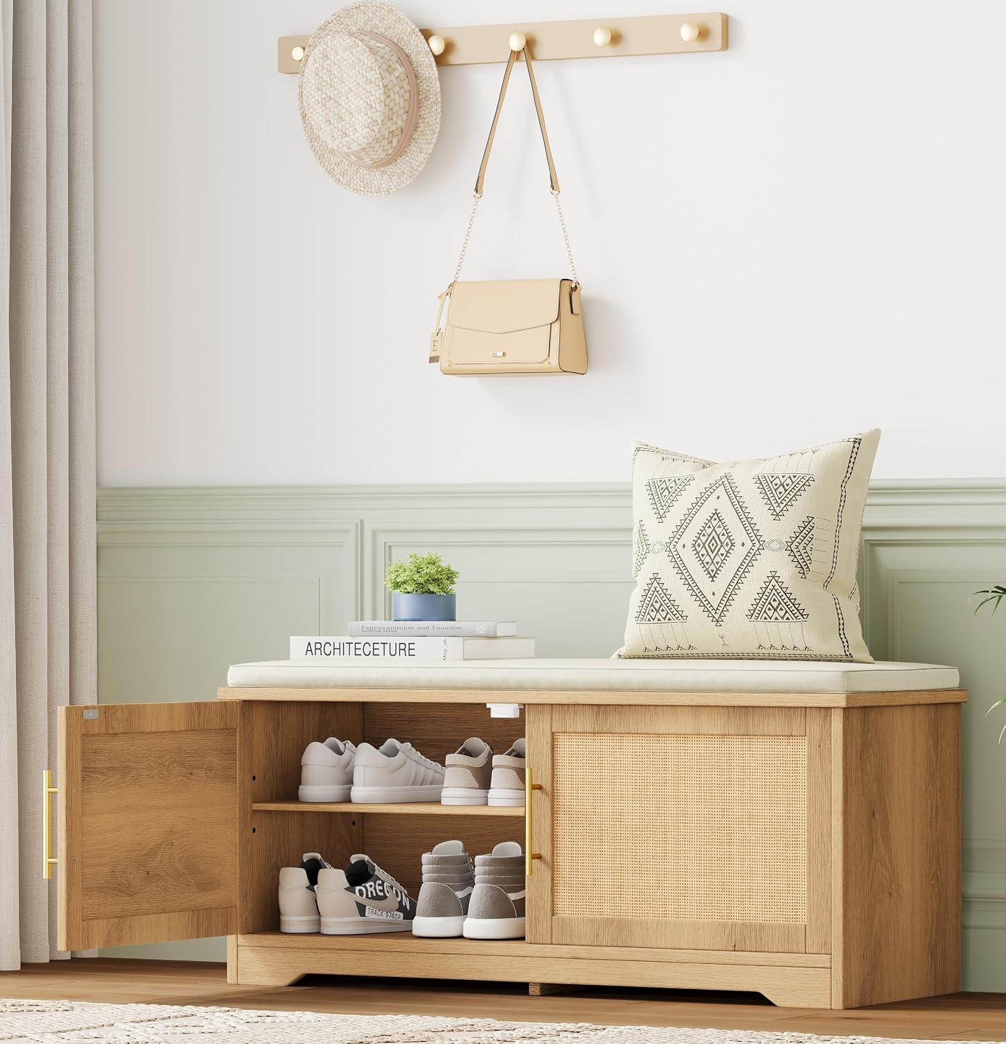 Zeibospri Rattan Shoe Storage Bench with Cushion, 39.4" Wide Entryway Bench with Adjustable Shelf, Hidden Shoe Organizer Cabinet, for Hallway, Living Room, Bedroom, Natural Oak | Amazon (US)
