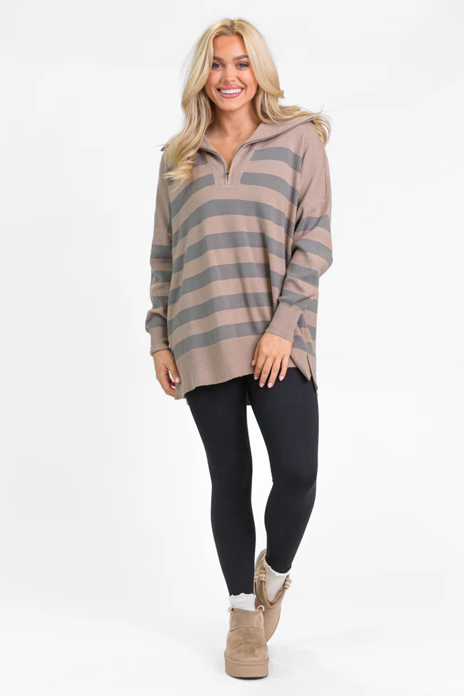 Pulling Heartstrings Taupe Striped Quarter Zip Pullover | Pink Lily