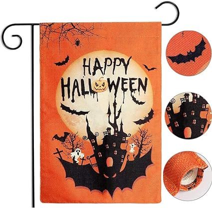 AerWo Halloween Garden Flag 12×18 inch Double-Sided Happy Halloween Flag, Burlap Pumpkin Castle ... | Amazon (US)