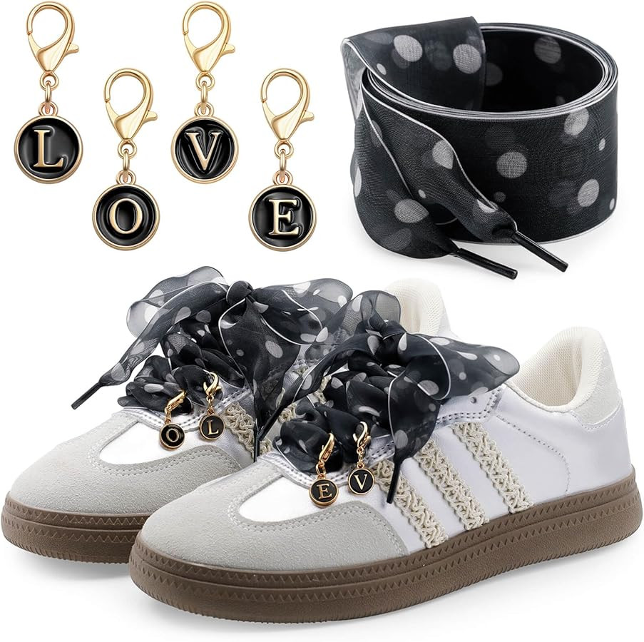 YJRVFINE Ribbon Shoe Laces for Women: 1 Pair Flat Satin Shoelaces with 4 Charms | Amazon (US)