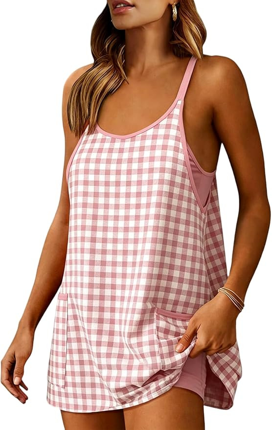 Amazon.com: Yidarer Women's Gingham Mini Dress Summer Tennis Workout Athletic Romper Dress Built ... | Amazon (US)