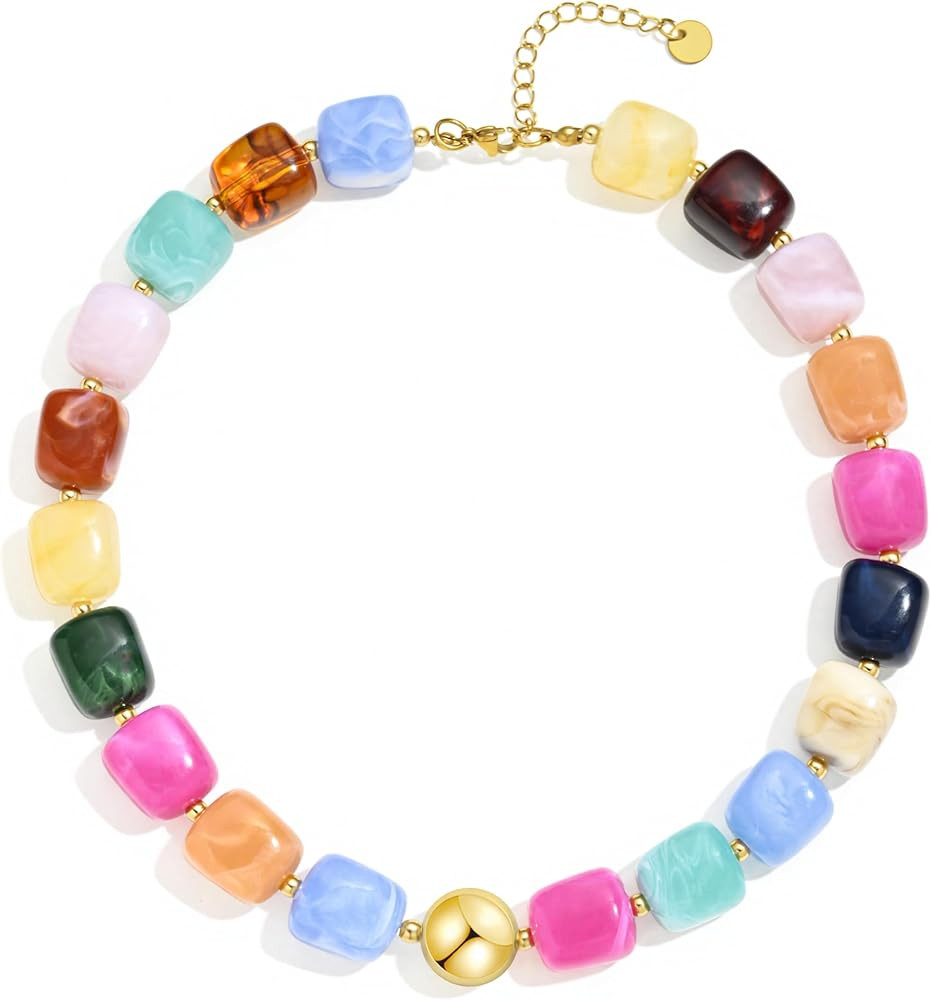 Chunky Beaded Statement Necklace for Women Trendy Colorful Boho Resin Bead Choker Necklaces Summe... | Amazon (US)